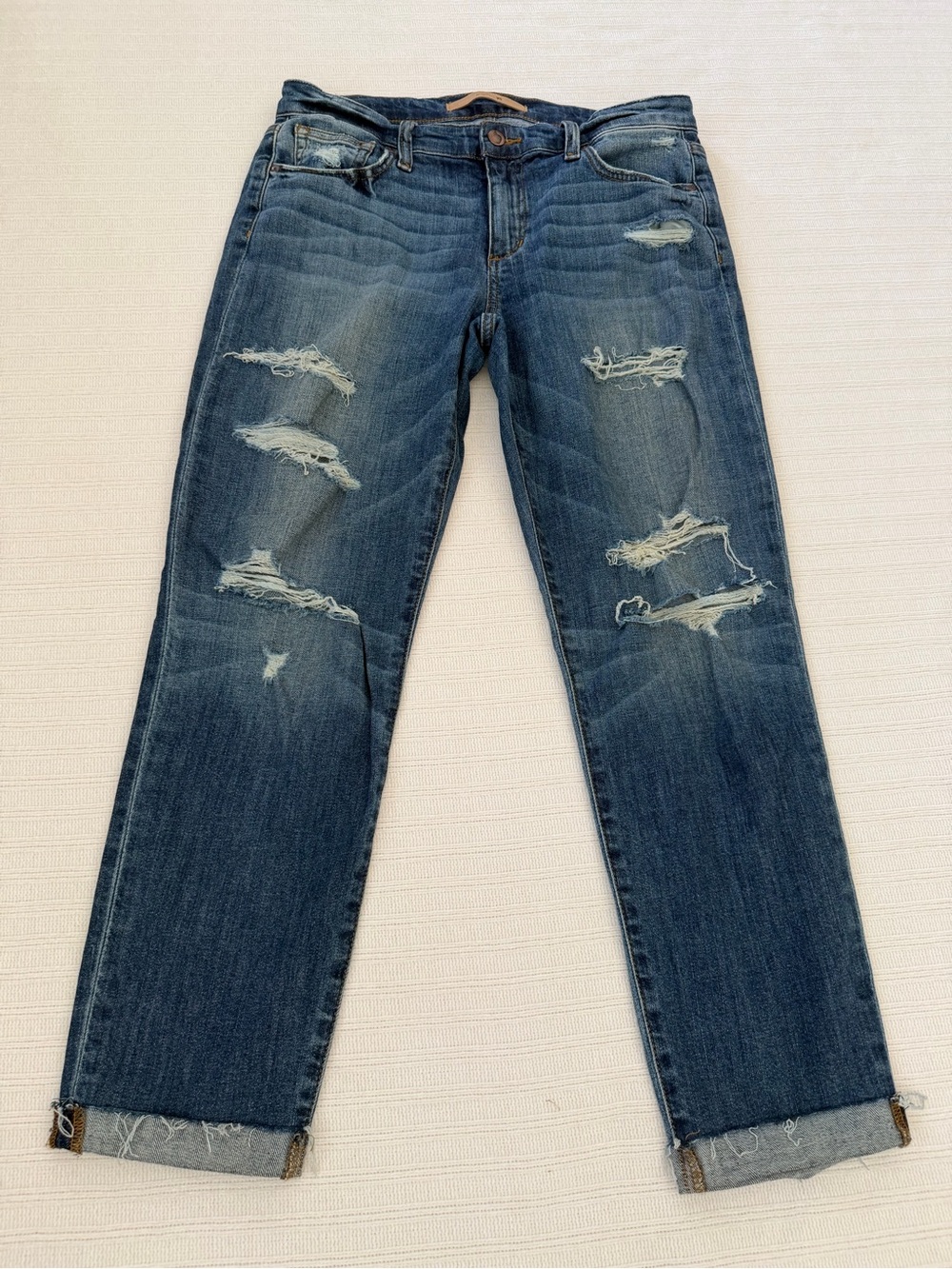 Joe's Jeans Ripped Boyfriend Slim Crop Medium Wash Raw Hem Denim 27 BeS2